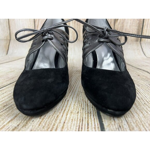 Calvin Klein Lace Up Heels Pumps Retro Pinup Sz 8M Black Silver Suede Leather - Picture 6 of 8